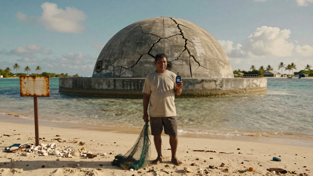 Homem na praia junto a rede de pesca, segurando telemóvel, com estrutura de cúpula rachada na água ao fundo.