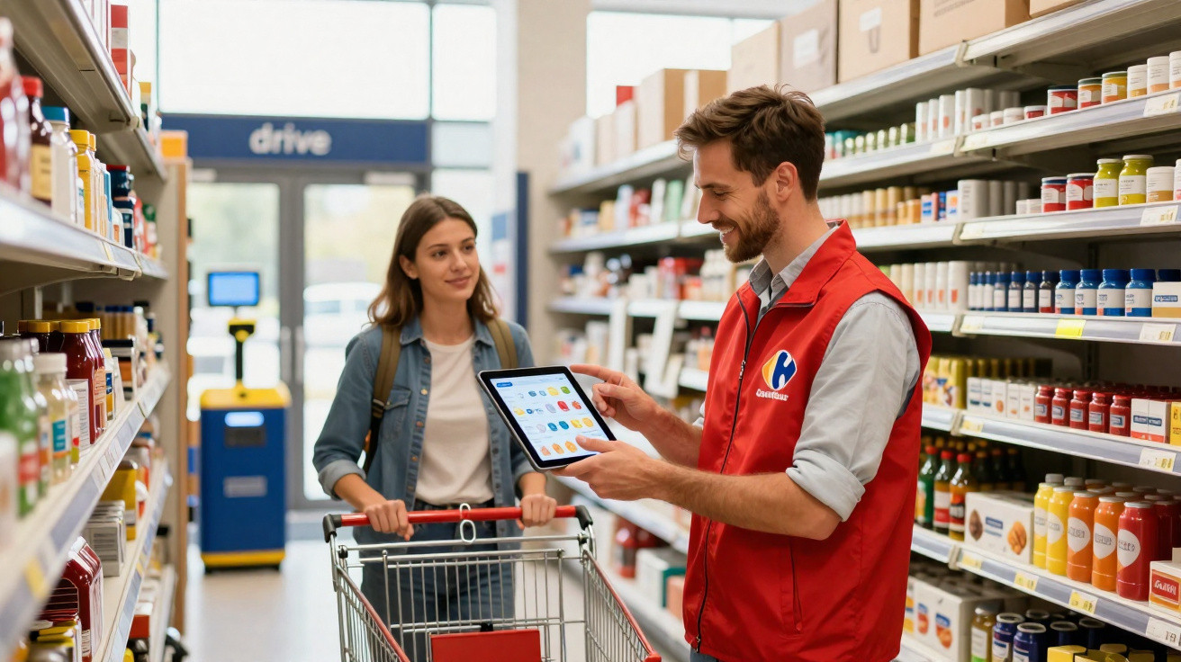 Funcionário de supermercado com colete vermelho a ajudar cliente jovem com carrinho e tablet na mão.
