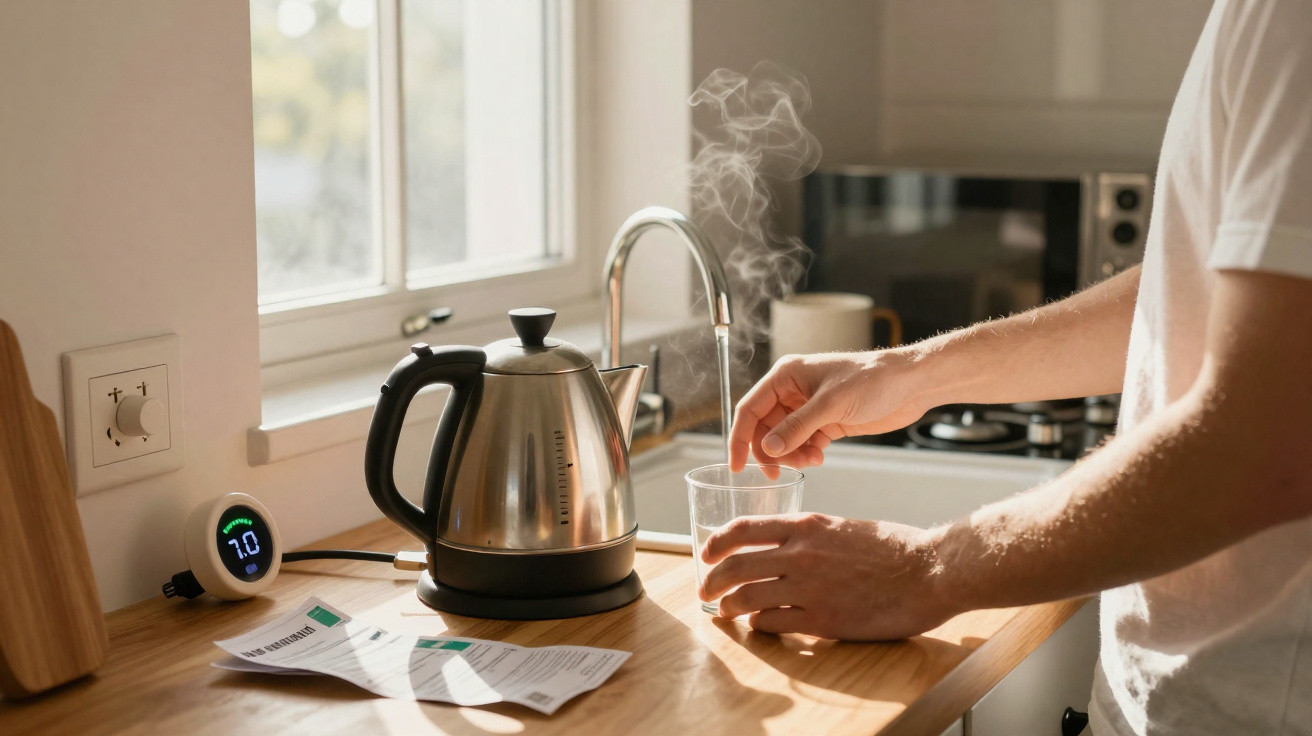 Mãos seguram copo de vidro com água quente a vapor sobre bancada perto de chaleira elétrica na cozinha.