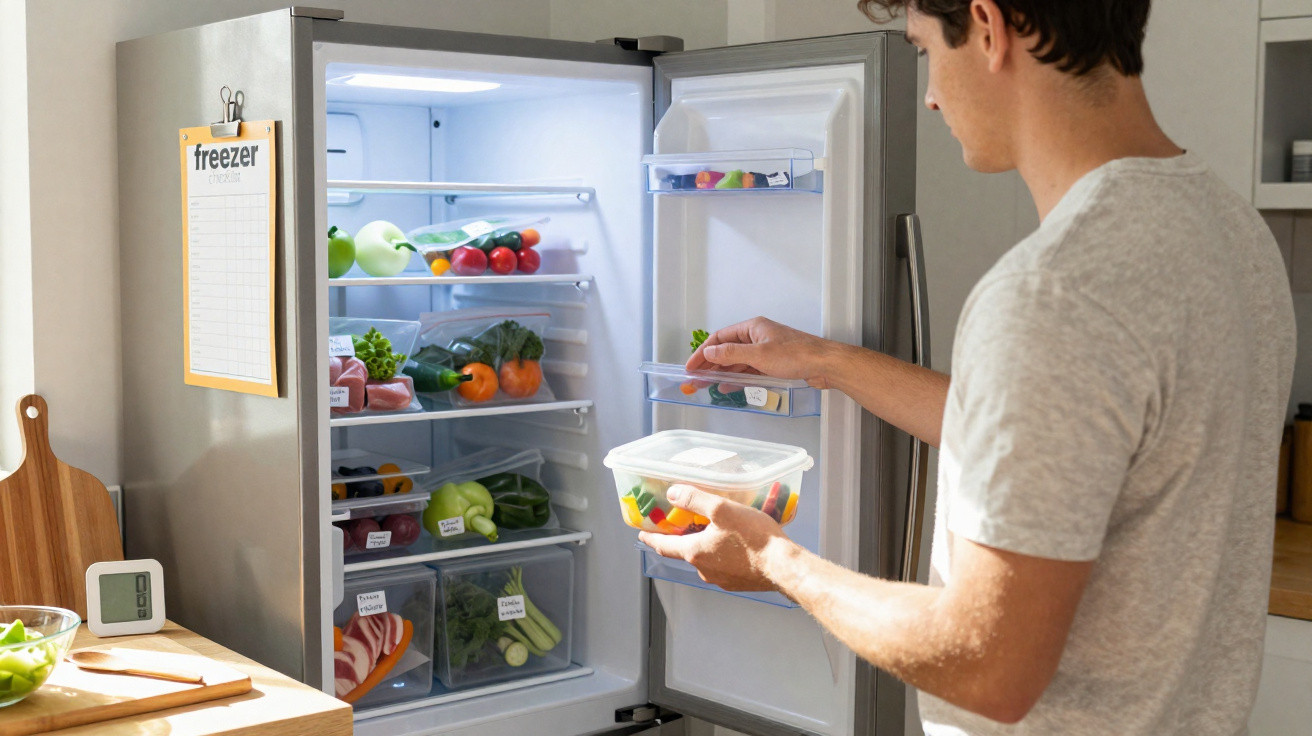 Homem a guardar legumes frescos numa caixa plástica no frigorífico aberto numa cozinha moderna.