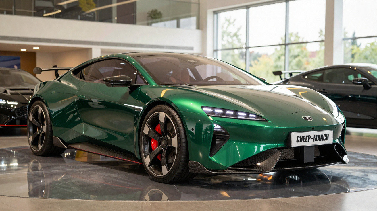 Carro desportivo elétrico verde com faróis LED exposto numa sala moderna com grandes janelas.