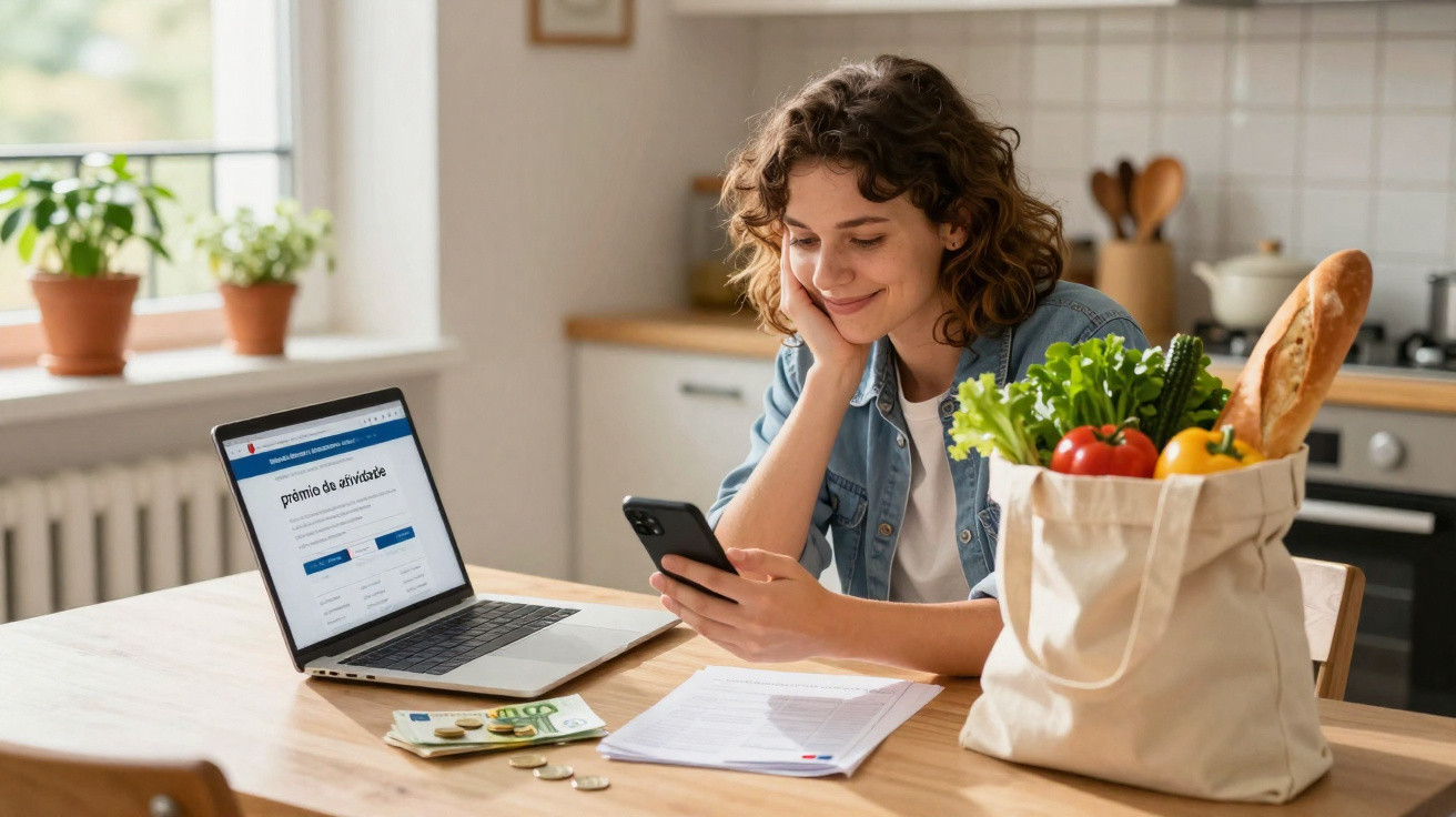 Mulher sorridente consulta telemóvel sentada à mesa com computador, documentos, dinheiro e sacola de legumes na cozinha.