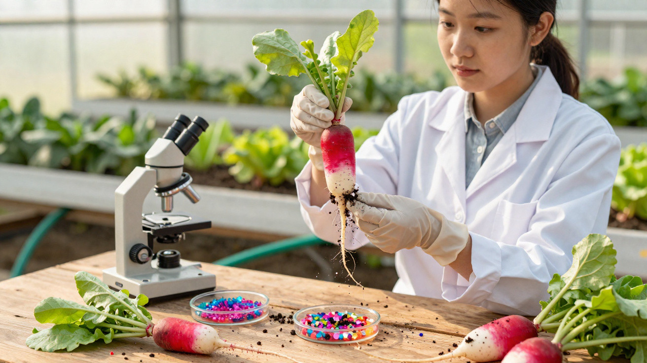 Cientista com bata branca analisa rabanetes em laboratório com microscópio e material de estudo.