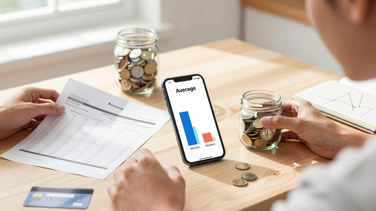 Pessoa a analisar finanças pessoais com moedas, extrato bancário, cartão de crédito e gráfico num telemóvel.