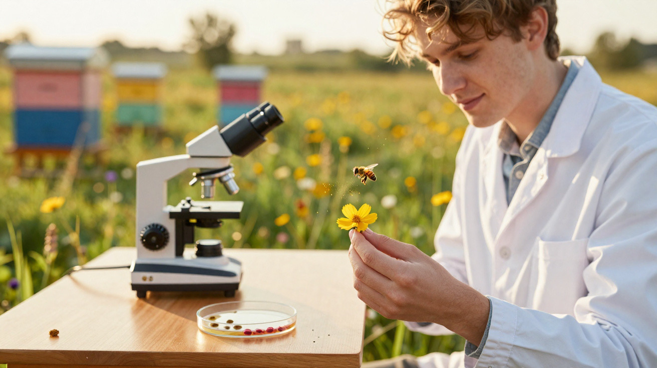 Jovem cientista de bata branca estuda abelha numa flor amarela num campo com colmeias ao fundo.