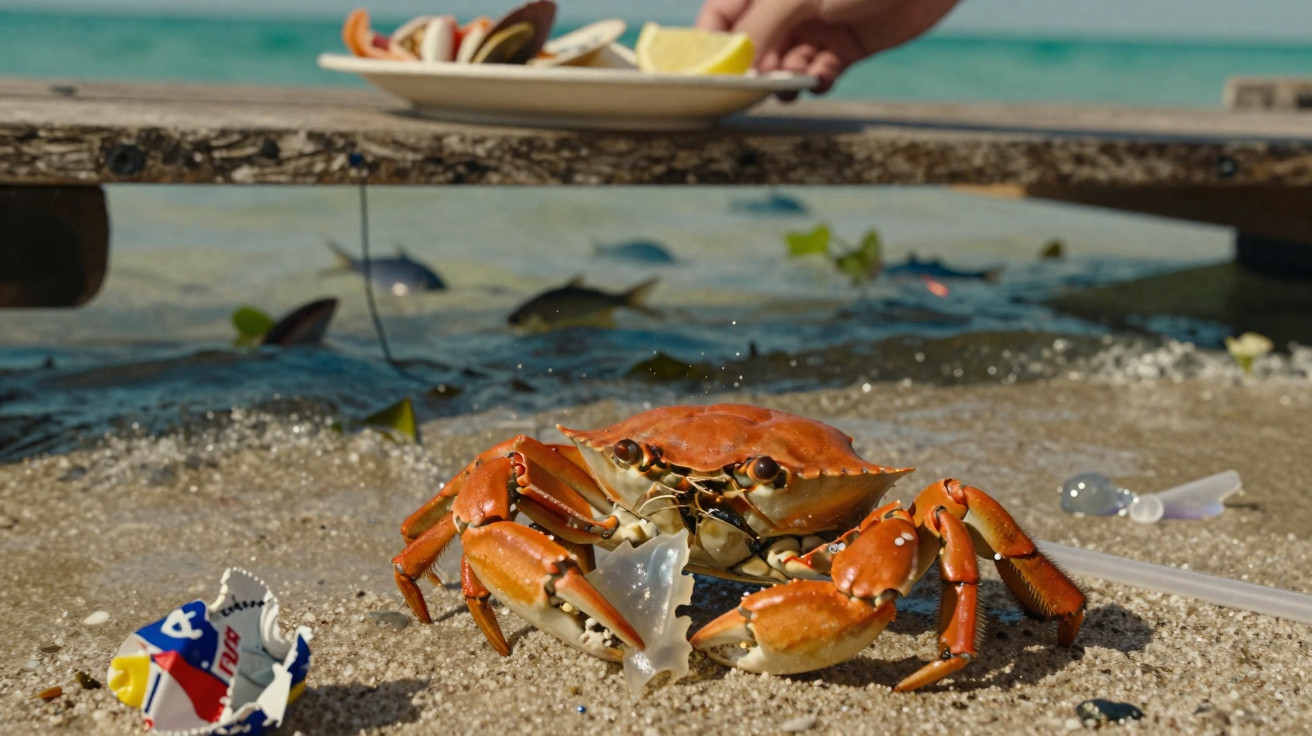 Caranguejo na areia da praia agarrado a um pedaço de plástico com lixo e um prato de marisco ao fundo.