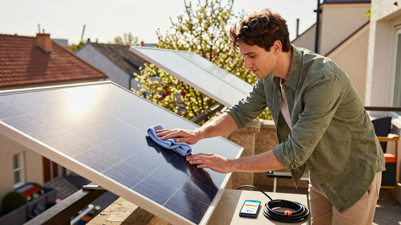 Homem limpa painel solar com um pano azul numa varanda ensolarada, com telemóvel e cabos ao lado.