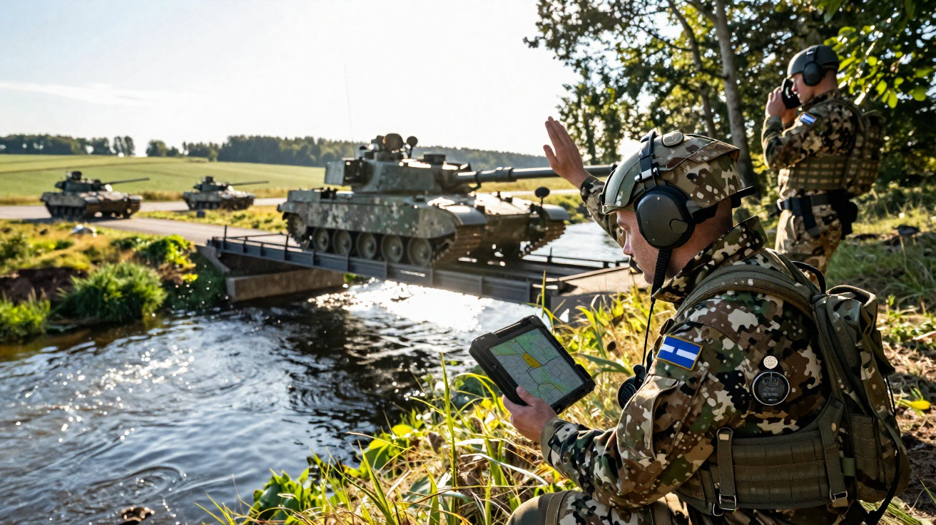 Soldado finlandês com tablet coordena passagem de tanques sobre ponte numa zona campestre.