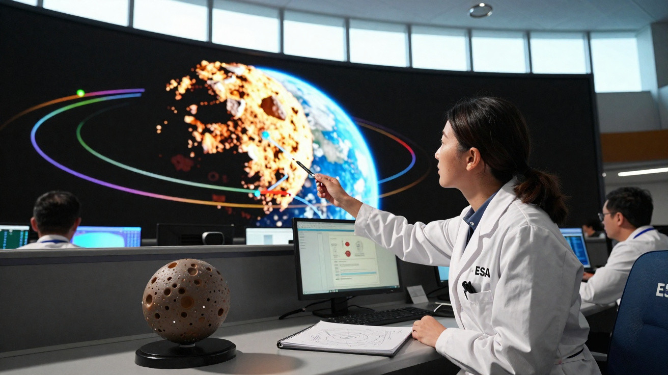 Cientista na ESA analisa modelo e tela digital mostrando impacto de asteroide na Terra numa sala de controlo.
