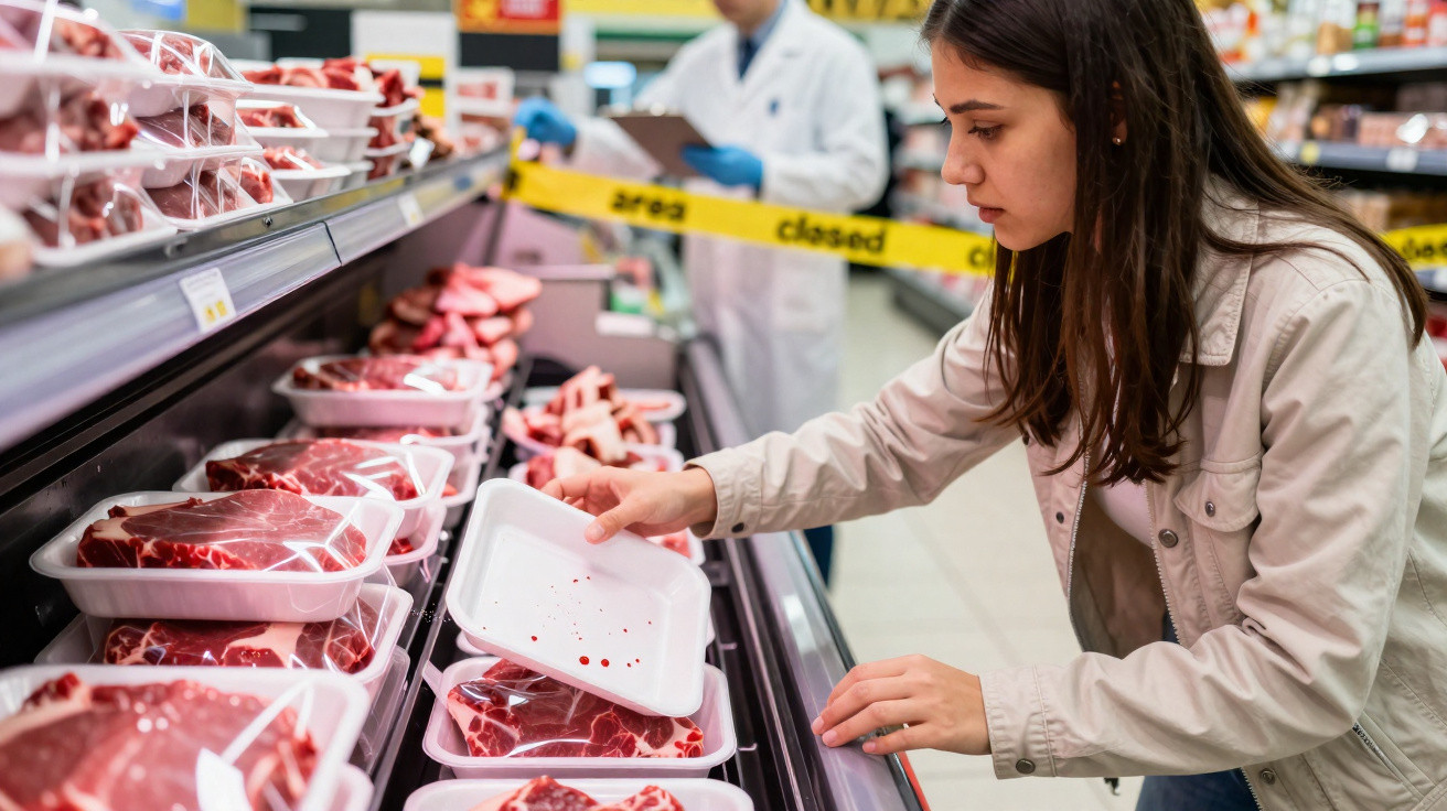 Mulher a escolher carne num supermercado, com funcionário e sinal de área encerrada ao fundo.