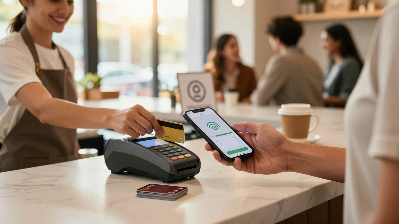 Cliente a pagar com telemóvel contactless enquanto empregada segura terminal e cartão num café moderno.