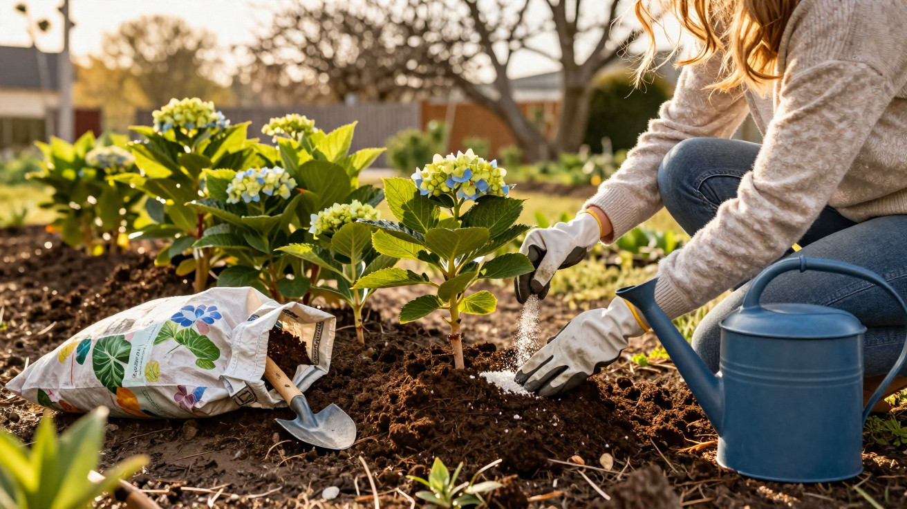 Pessoa fertiliza plantas de hortênsia num jardim com regador azul e bolsa de adubo.