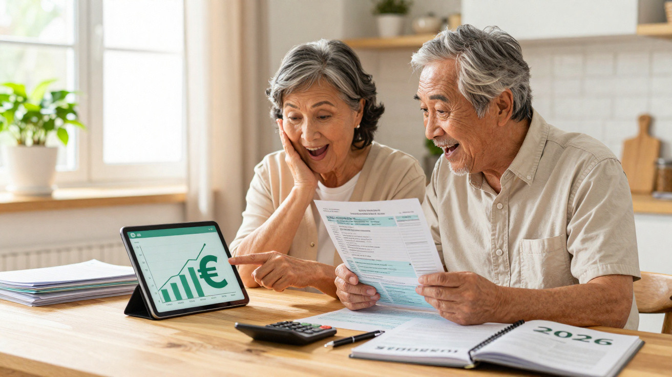 Casal sénior feliz a analisar documentos com gráfico financeiro positivo e calendário de 2026 numa mesa de madeira.