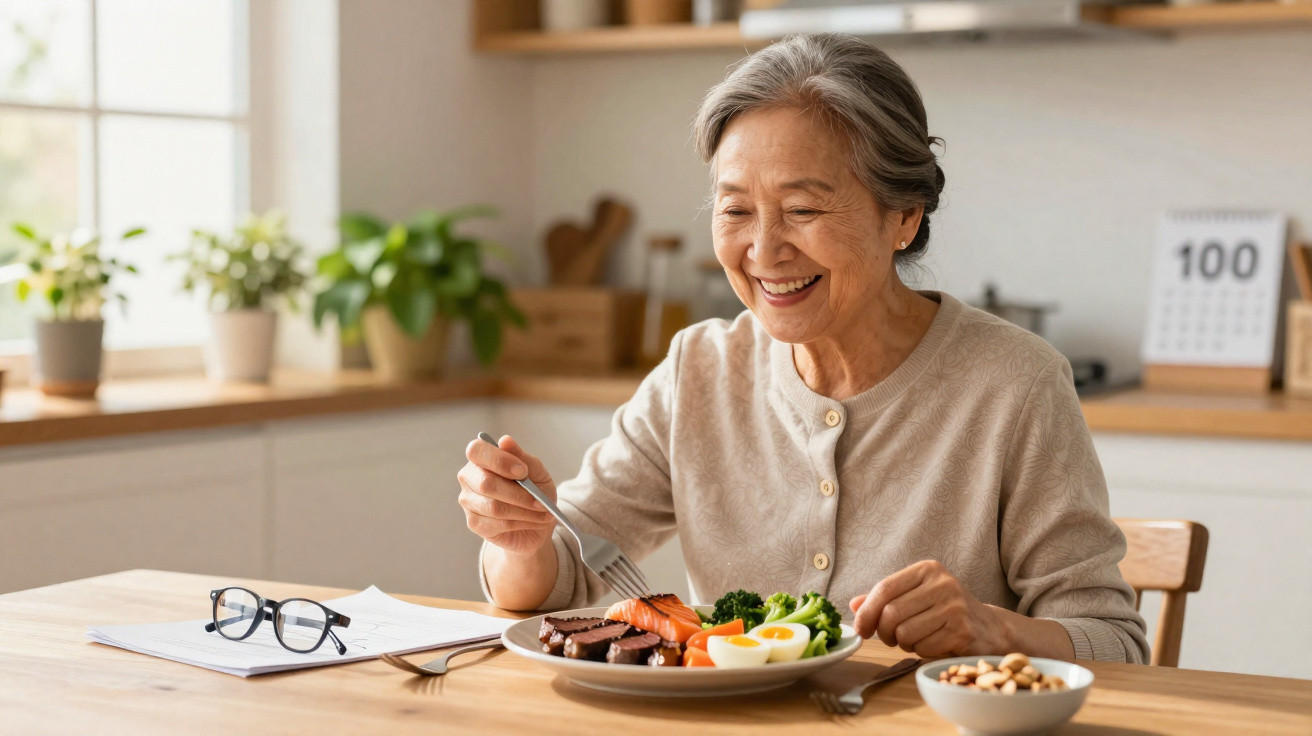 Mulher idosa sorridente a comer refeição saudável com legumes, ovo e peixe na cozinha iluminada.