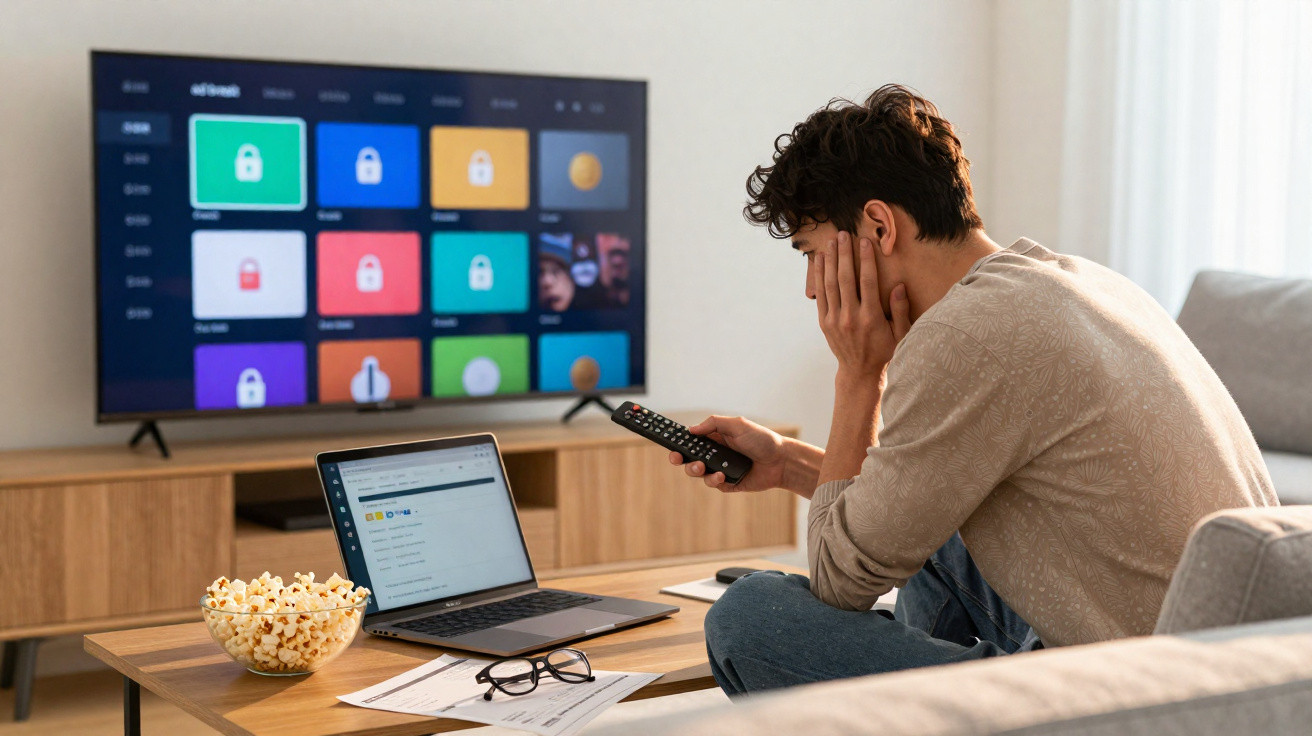 Jovem sentado no sofá com comando na mão, laptop e snack sobre mesa, televisão com menus trancados ao fundo.