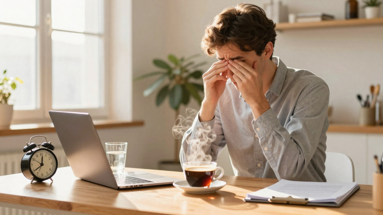 Homem sentado numa mesa com computador portátil, esfregando os olhos, rodeado de objetos de escritório.