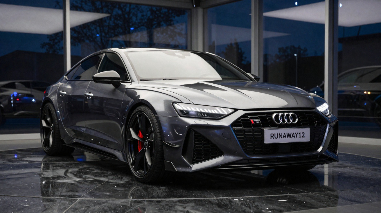 Audi RS7 cinzento estacionado em showroom com luzes LED acesas e piso refletor em mármore negro.
