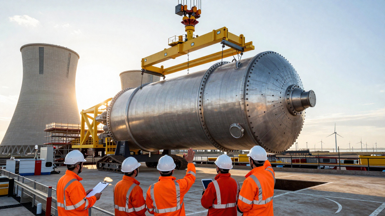 Cinco trabalhadores em coletes laranja e capacetes observam instalação de equipamento metálico grande numa central industrial