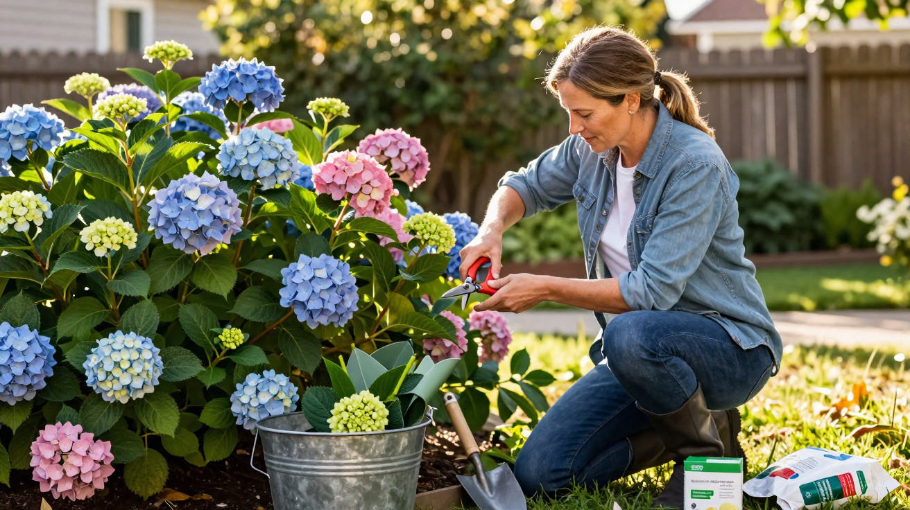 Mulher a podar flores hortênsias azuis e cor-de-rosa num jardim ensolarado com ferramentas de jardinagem.