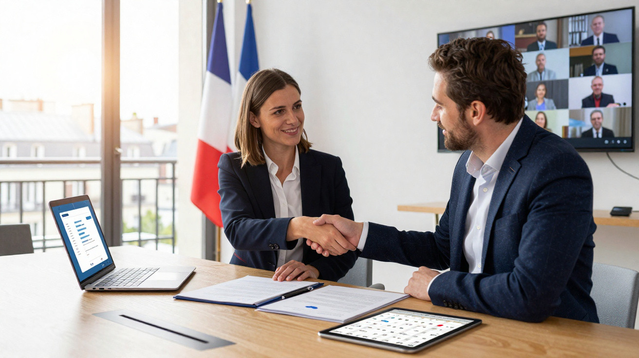 Duas pessoas a apertar as mãos numa reunião com documentos e dispositivos digitais numa mesa, bandeiras ao fundo.
