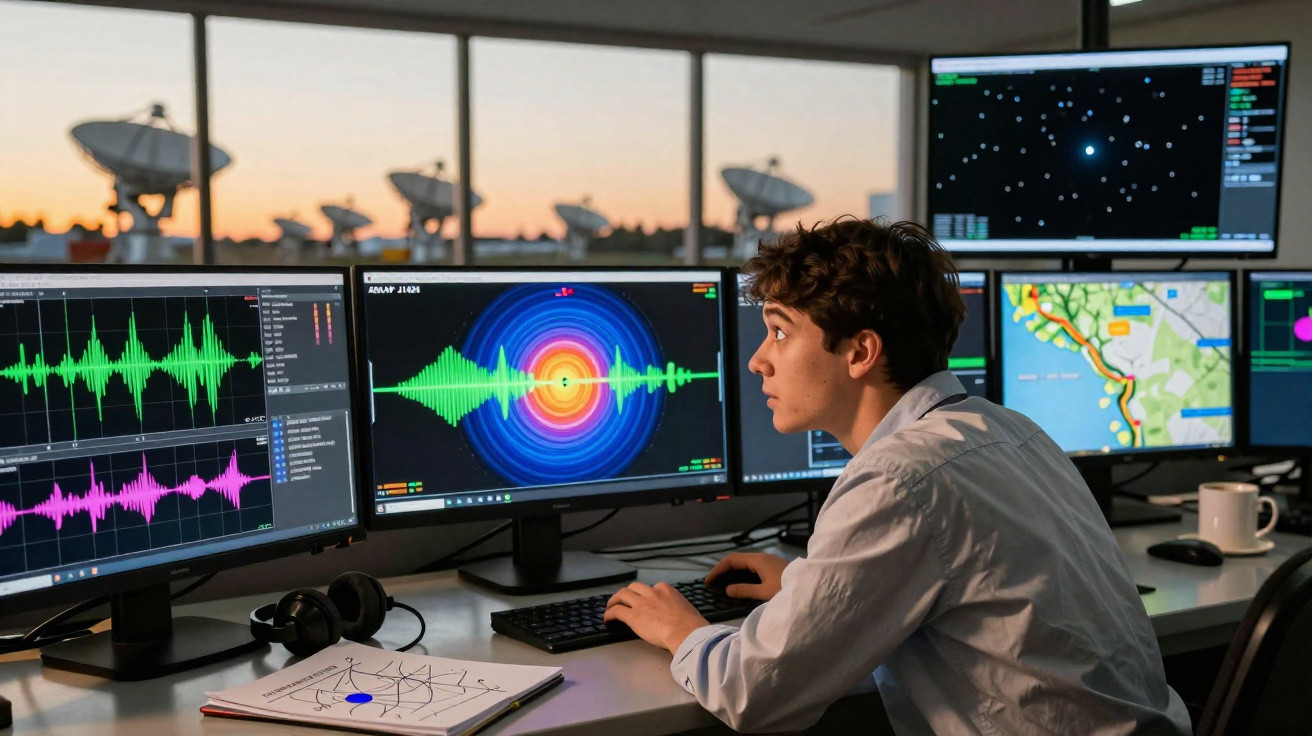 Jovem cientista analisa dados de ondas sonoras e mapas em múltiplos ecrãs numa sala com antenas parabólicas ao fundo.