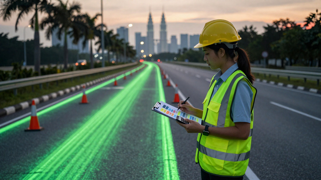 Engenheira com colete e capacete amarelo avalia via com faixas verdes luminosas, cones e cidade ao fundo ao pôr do sol.