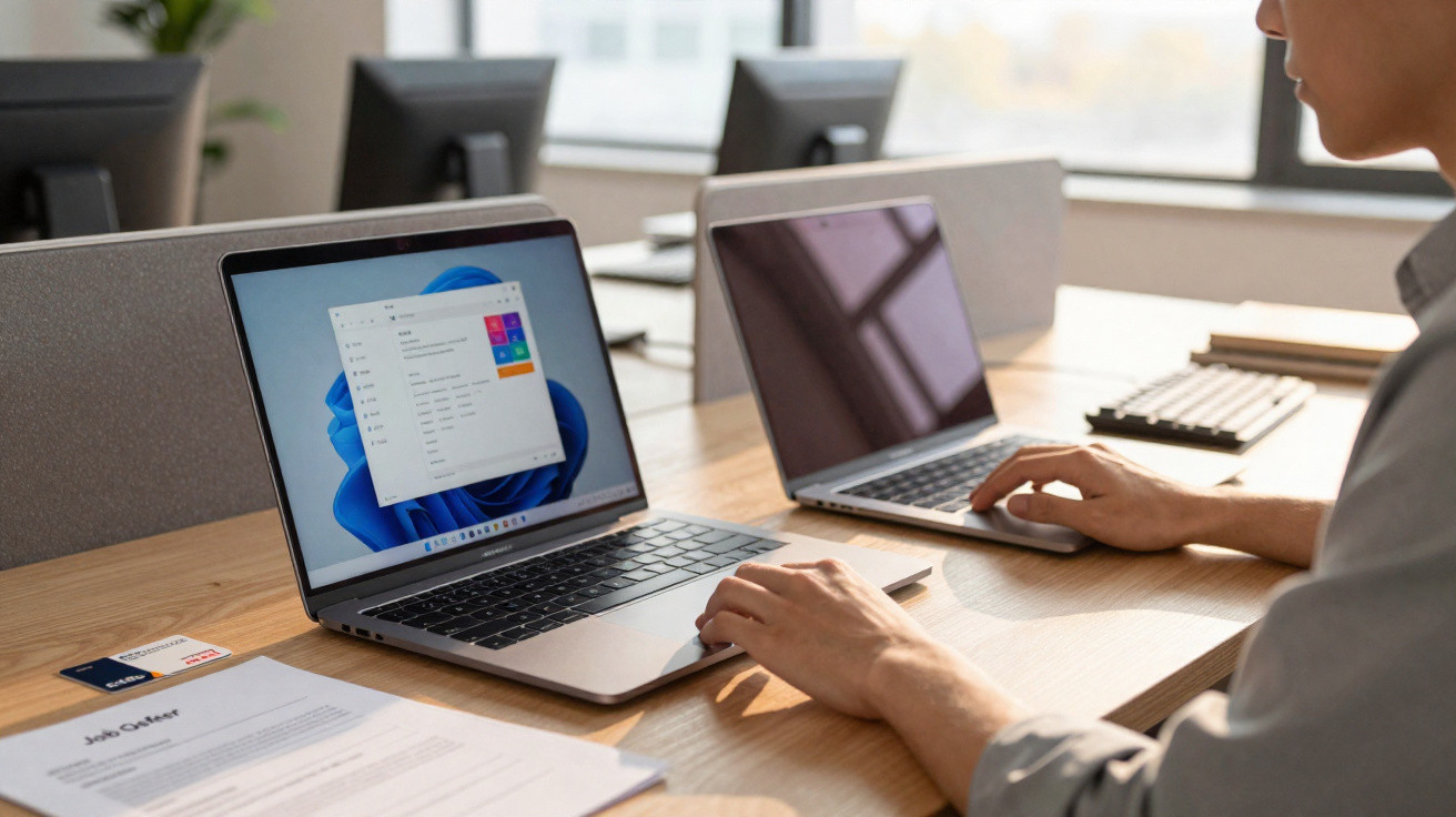 Pessoa a usar portátil com Windows 11 numa mesa com outro portátil e documentos ao lado.