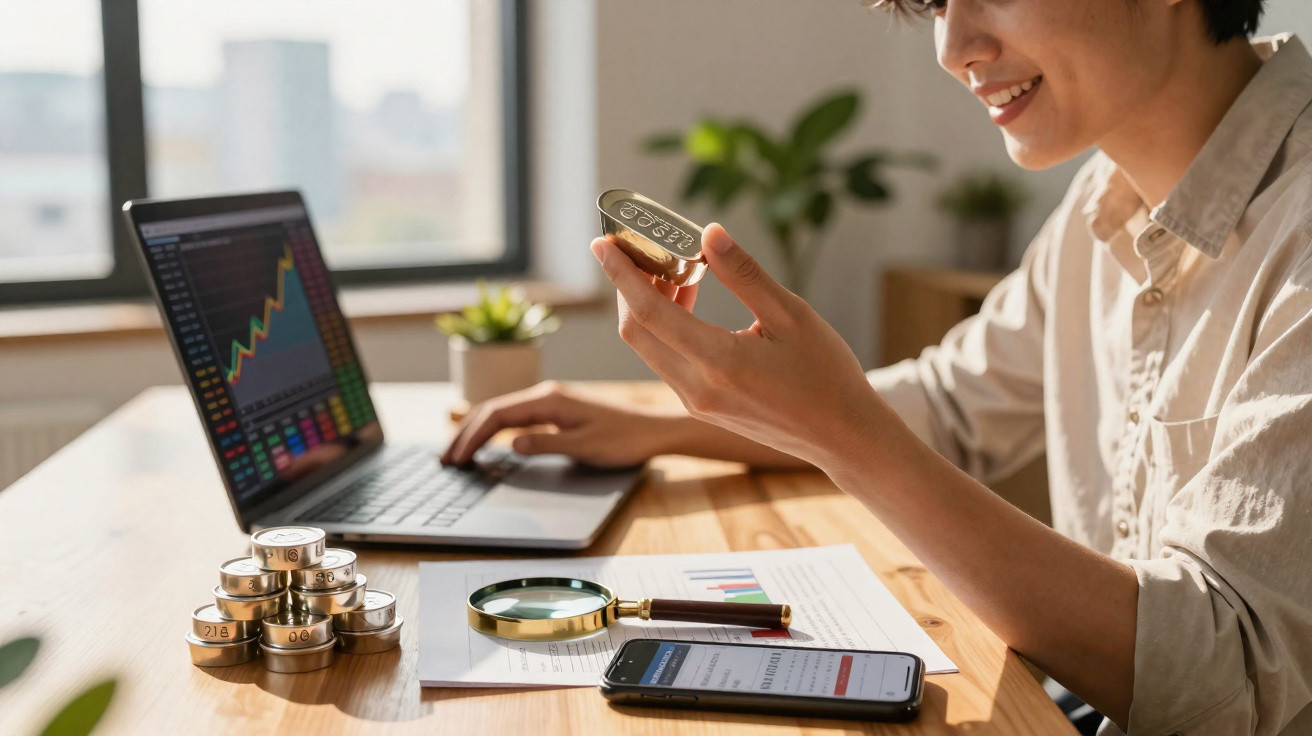 Pessoa a analisar moedas de ouro e gráficos em computador portátil, com smartphone e lupa numa mesa.