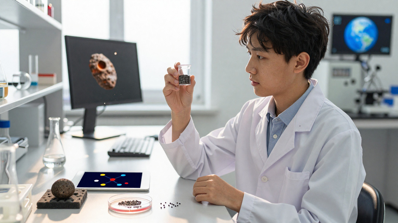 Cientista em laboratório a observar grânulos pretos no interior de um béquer de vidro.