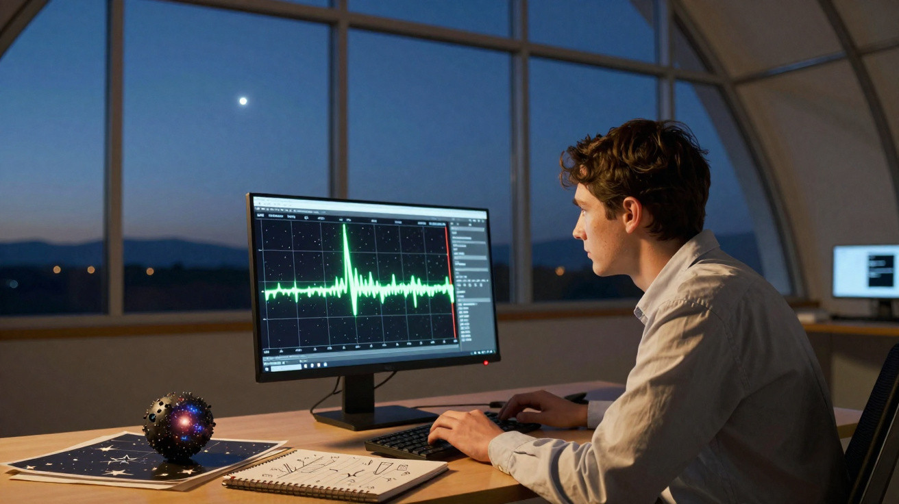 Homem sentado a analisar gráfico de ondas num ecrã de computador num espaço com janela curva ao anoitecer.