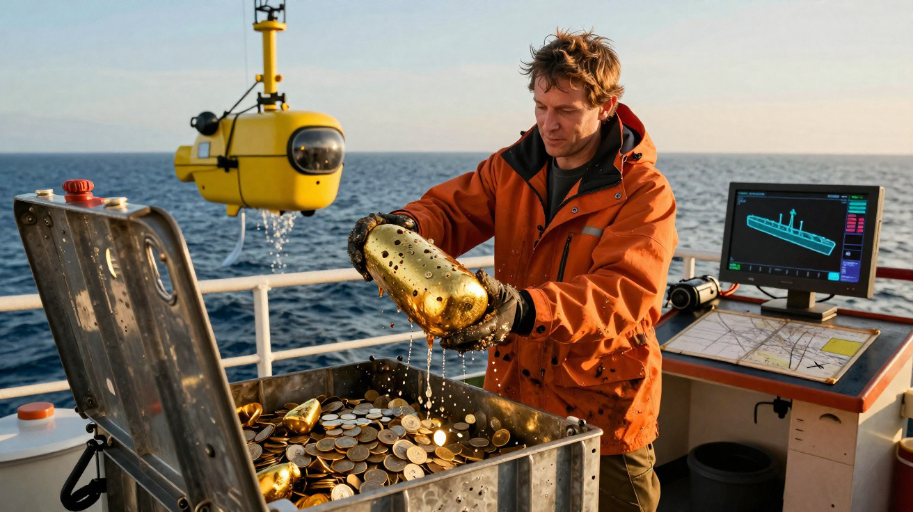 Homem a recolher moedas de um baú no convés de um barco, com equipamento de mergulho subaquático ao fundo.