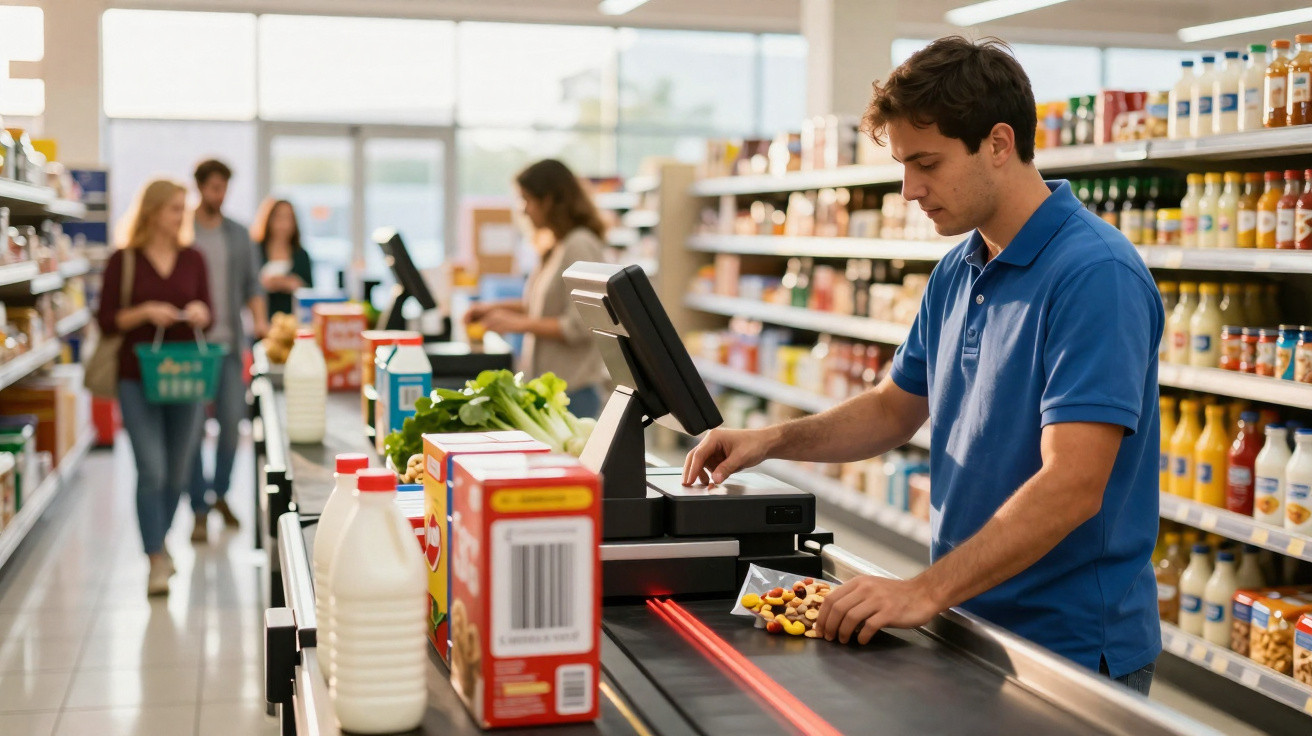 Funcionário de supermercado a trabalhar na caixa registadora, com clientes e produtos à volta.