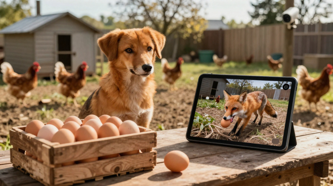 Cão ao lado de caixa de ovos e tablet com imagem de raposa a roubar ovo numa quinta com galinhas.