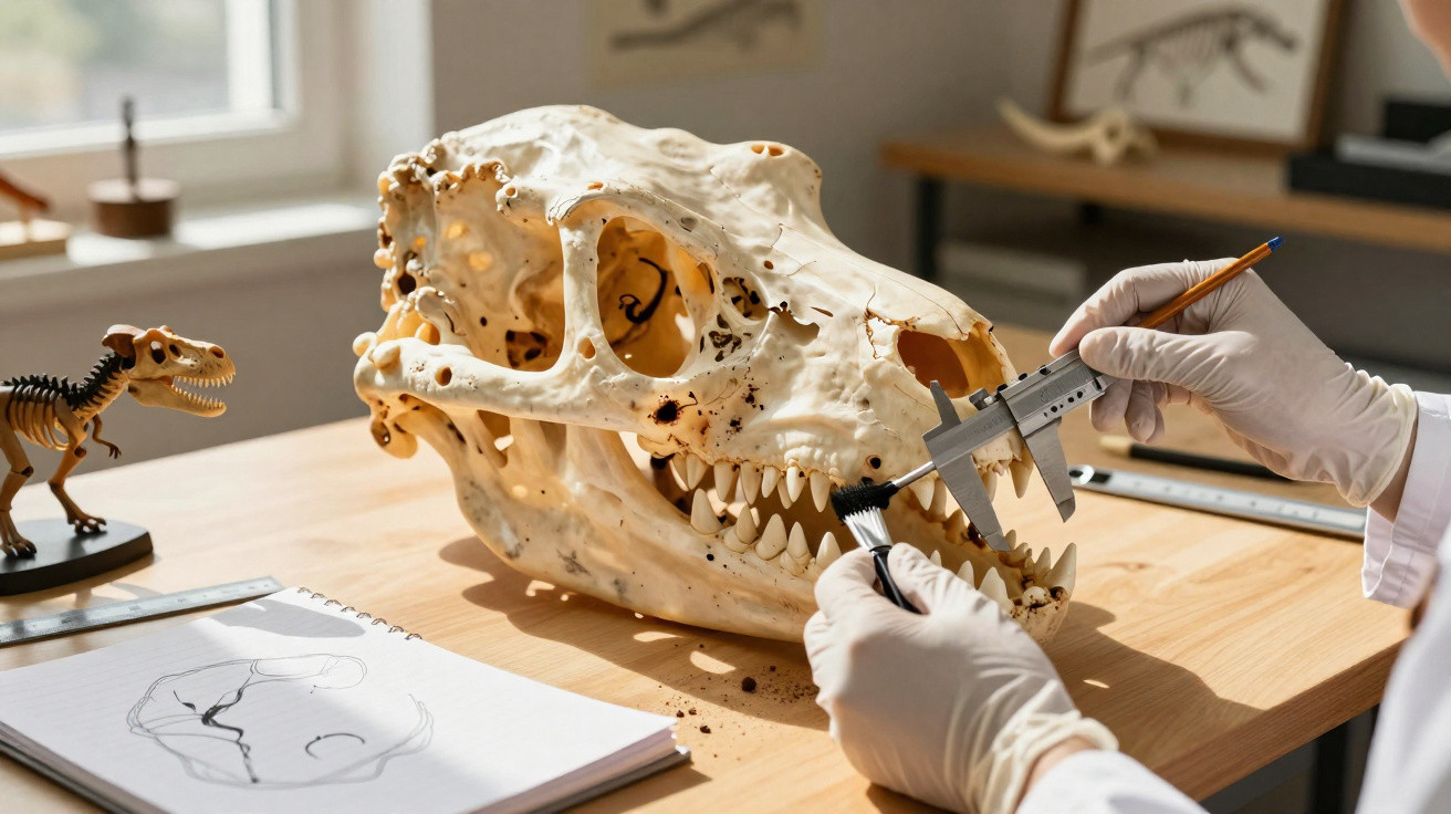 Cientista mede dentes de crânio de dinossauro mientras limpa em escritório iluminado.