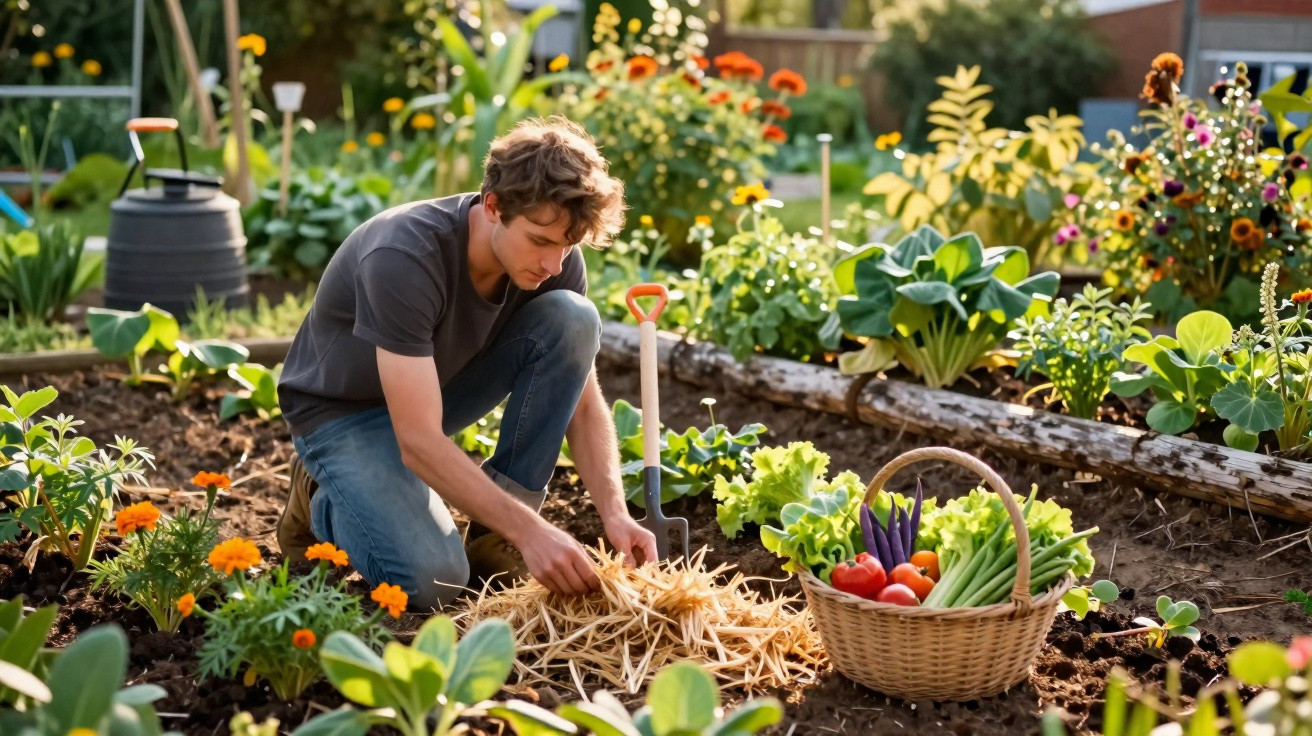 Homem ajoelhado a cuidar da terra num jardim com várias plantas e cesto de legumes frescos ao lado.