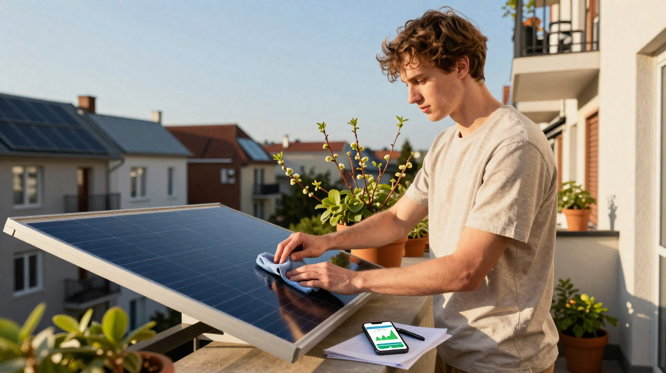 Jovem limpa painel solar numa varanda com smartphone e plantas ao lado em dia ensolarado.