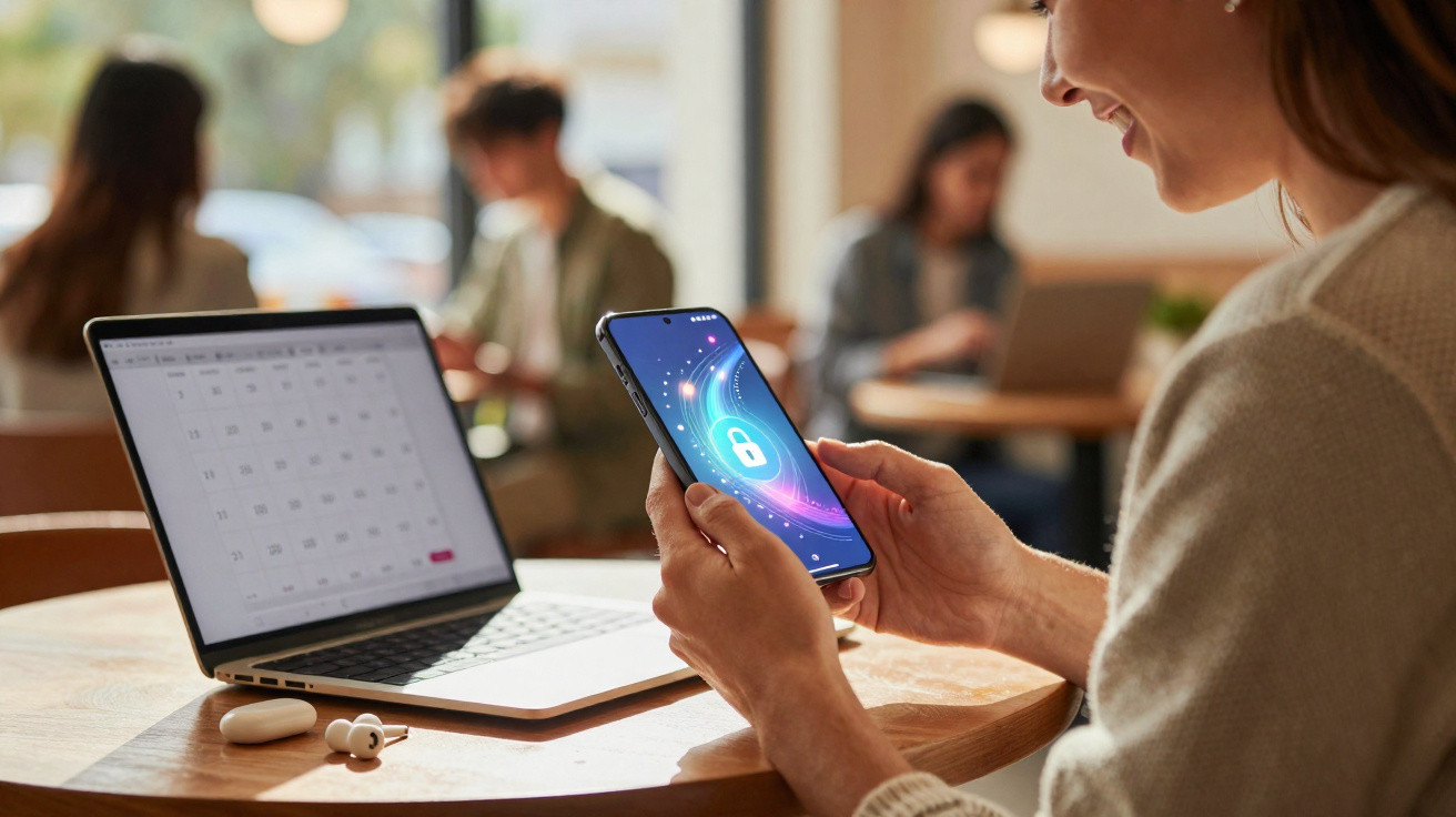 Pessoa numa mesa com portátil e smartphone mostrando ícone de cadeado, simbolizando segurança digital.