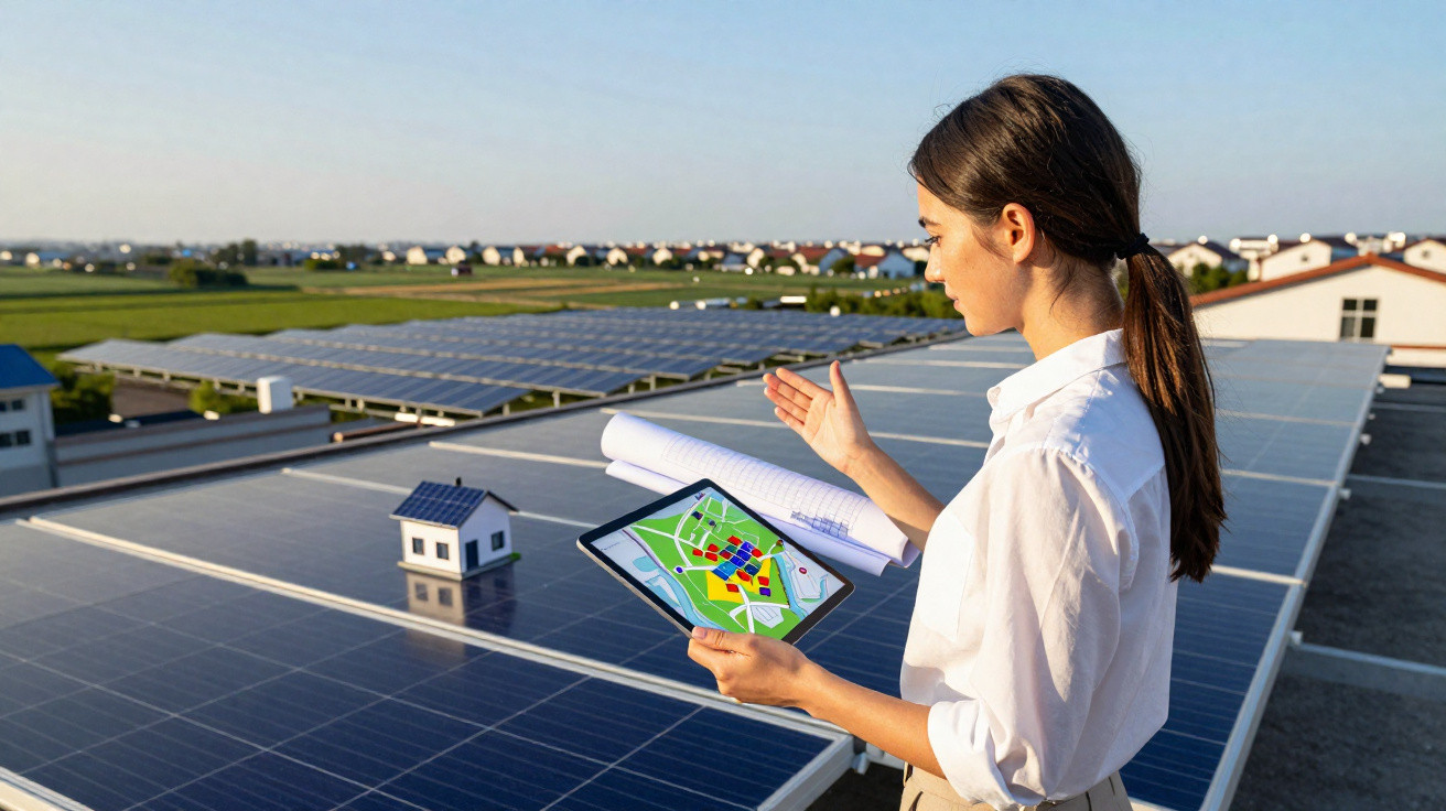 Mulher com tablet e plantas junto a painéis solares num telhado com área rural ao fundo.