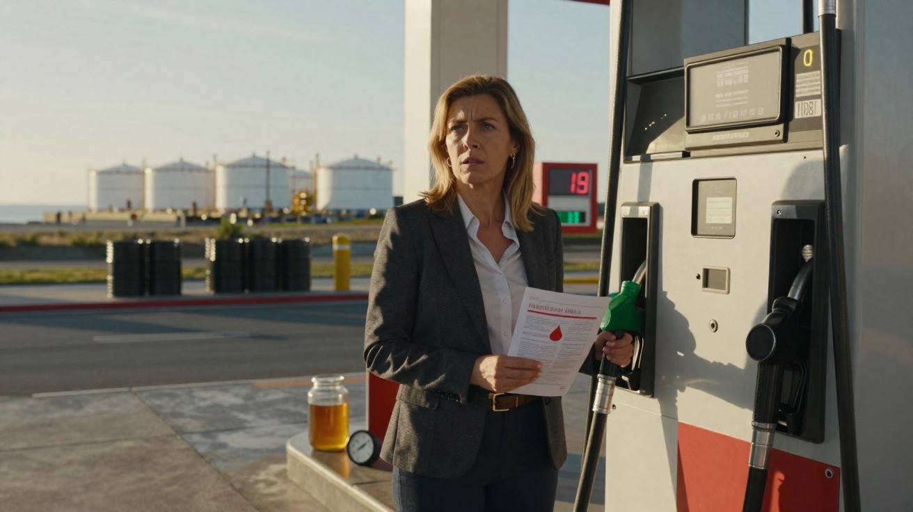 Mulher de fato segura folheto e bomba de gasolina numa estação de serviço com tanques ao fundo.