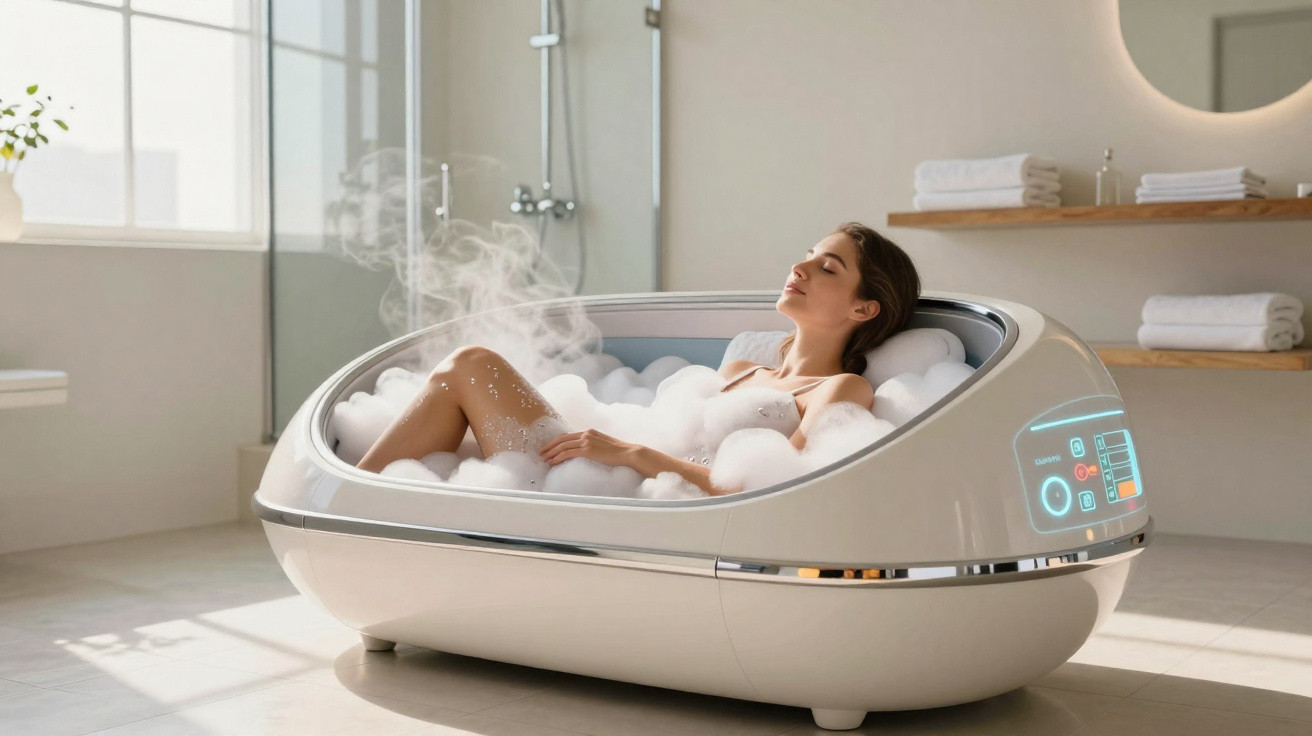 Mulher relaxa numa banheira futurista com espuma e vapor, em casa iluminada e moderna.
