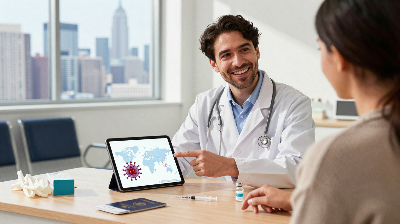 Médico atende paciente e mostra no tablet mapa mundial com imagem do vírus, sentado numa mesa com material médico.