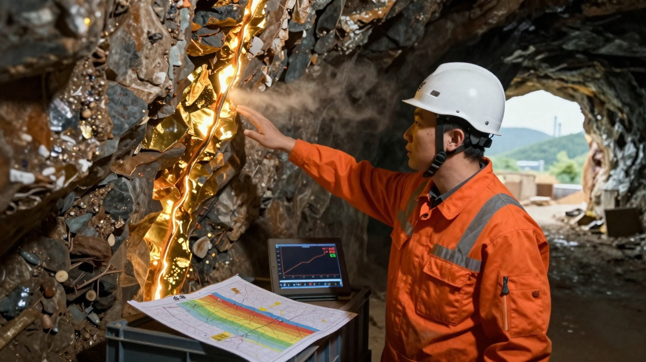 Engenheiro em túnel toca veias de minério iluminadas, com mapas e dados em computador próximo.