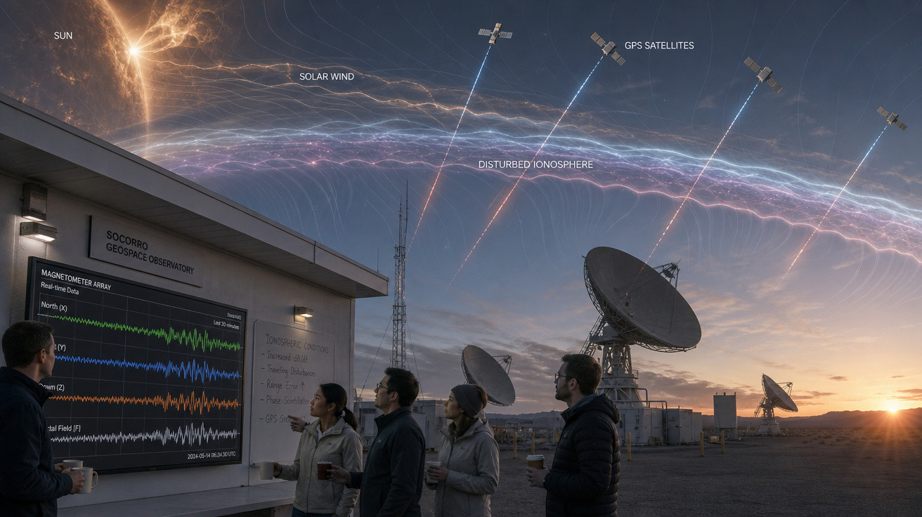 Equipa observa dados de distúrbios na ionosfera causados por vento solar afetando satélites GPS ao pôr do sol.