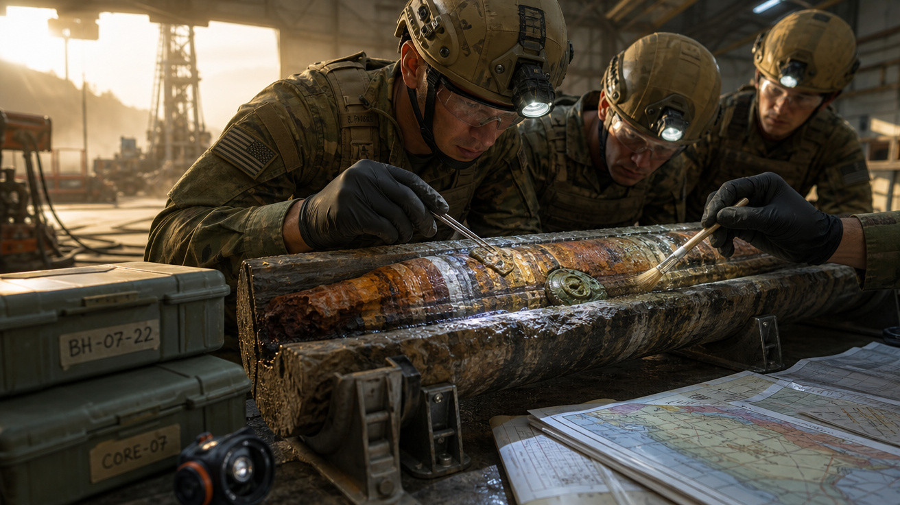 Soldados em uniforme camuflado limpando e inspecionando um objeto longo e metálico num ambiente industrial.