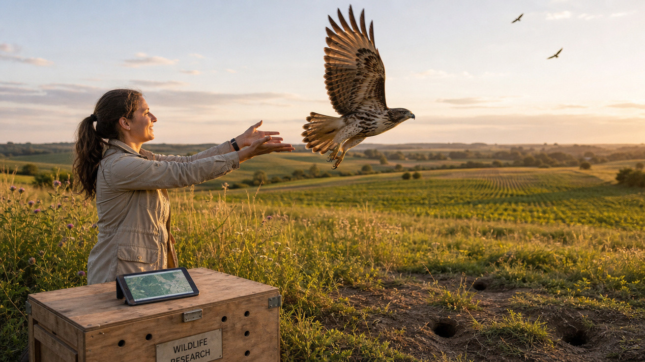 Mulher libertando uma águia ao pôr do sol numa área rural durante pesquisa de vida selvagem.